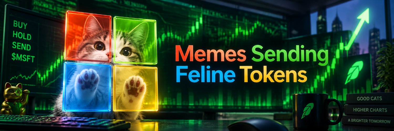 Memes Sending Feline Tokens: a kitten at a trading desk behind four colored glass panes